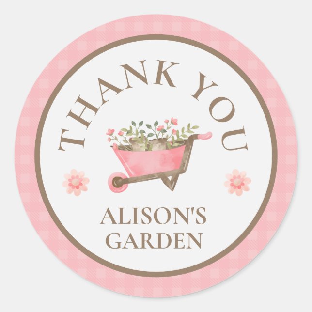 Adesivo Redondo Jardim de Aquarela de Gingham Rosa Elegante Obriga (Frente)