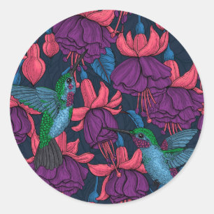 Adesivo Redondo Jardim de beija-flores em roxo e azul
