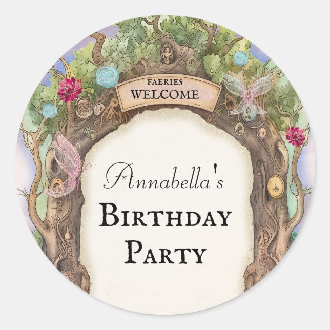 Adesivo Redondo Jardim de Fada de Floresta Encantada a Rosa (Frente)