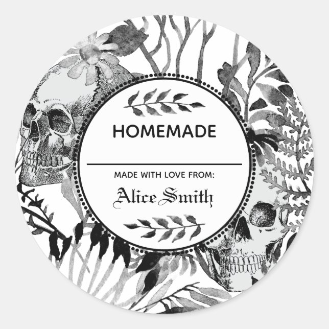 Adesivo Redondo Jardim do Crânio de Aquarela (Frente)