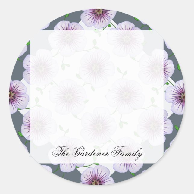 Adesivo Redondo Jardim Doce Azul Pálido Flor de Gerânio a qualquer (Frente)
