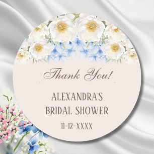 Adesivo Redondo Jardim Floral Azul Branco Chá de Noiva Agradecimen