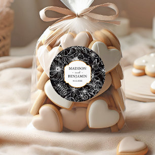 Adesivo Redondo Jardim Floral Elegante Casamento Dourado Preto e B