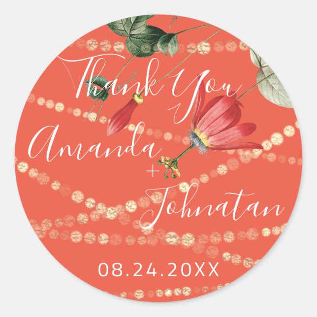 Adesivo Redondo Jardim Rosa Folha Dourada Nome Data Coral Ouro Her (Frente)