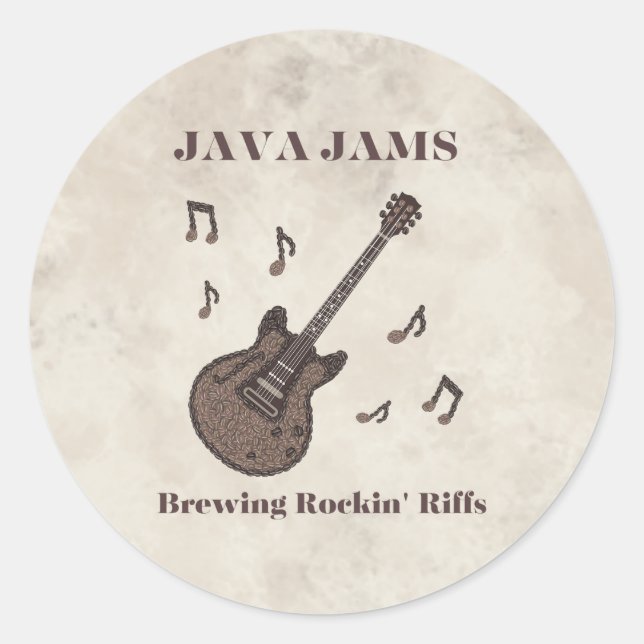 Adesivo Redondo Java Jams-Brewing Rockin' Riffs-Café-Guitarra- (Frente)