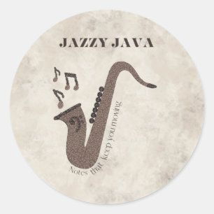 Adesivo Redondo Jazzy Java-Grãos de Café-Saxofone-