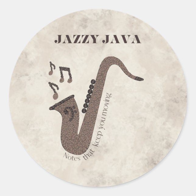 Adesivo Redondo Jazzy Java-Grãos de Café-Saxofone- (Frente)