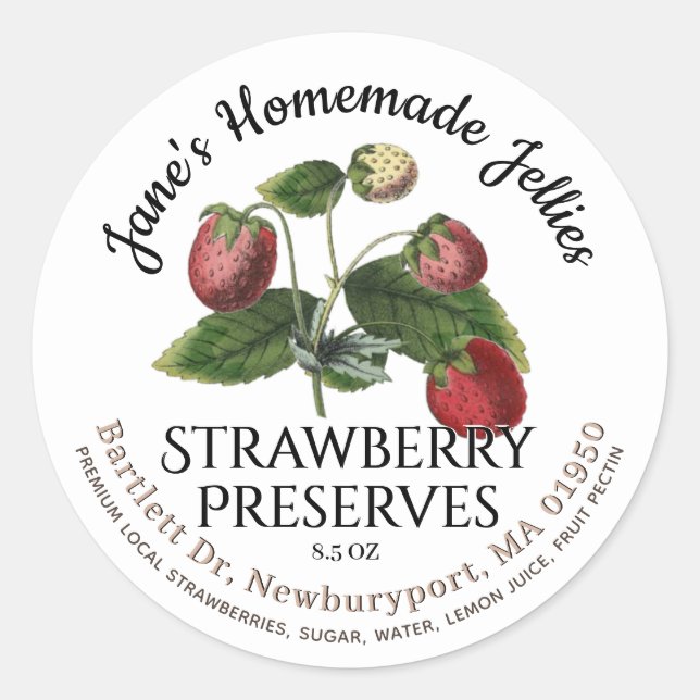 Adesivo Redondo Jelly Label Vintage Homemade Strawberry Preserve (Frente)