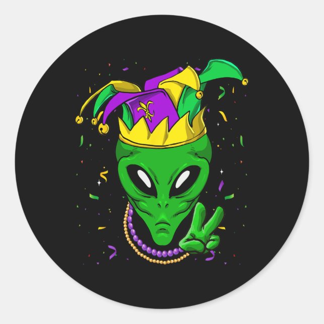 Adesivo Redondo Jester do Carnaval da alienígena Mardi Gras (Frente)