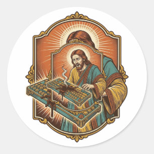 Adesivo Redondo Jesus Café Derrama Teclado Mecânico Quebrado Tecno