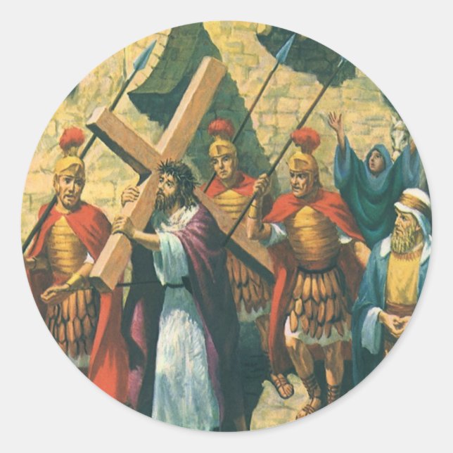 Adesivo Redondo Jesus Cristo Carregando a cruz para sua crucificaç (Frente)