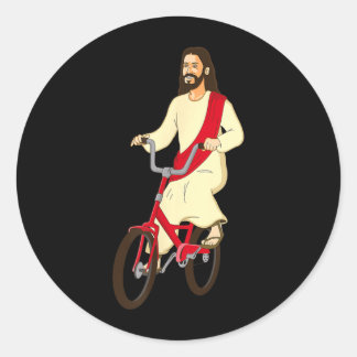 Adesivo Redondo Jesus Cristo Numa Bicicleta Fé Cristã Divertida