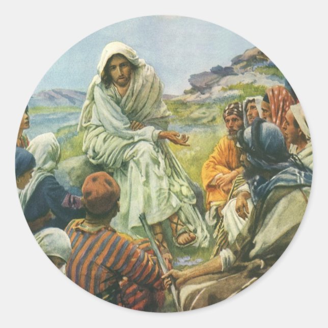 Adesivo Redondo Jesus Cristo Sermão no Monte, Religião Vintage (Frente)