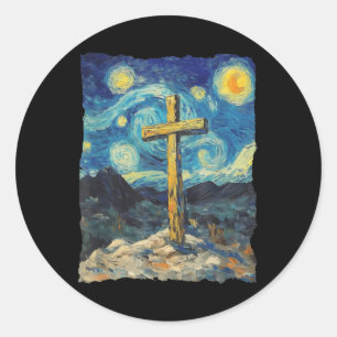 Adesivo Redondo Jesus Cross Van Gogh Estilo Starry Night Art Crist