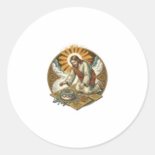 Adesivo Redondo Jesus Derrubou Bolo De Aniversário No Rosto No Chã