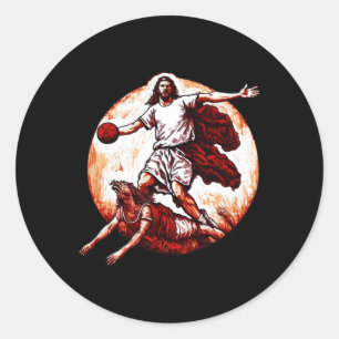 Adesivo Redondo Jesus Divertido Atravessando O Diabo Basketba