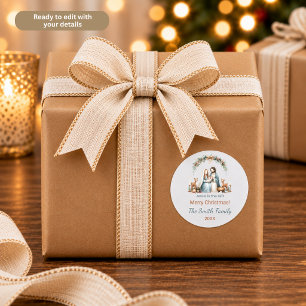 Adesivo Redondo Jesus é o Presente Cena de Natal Azul Personalizad