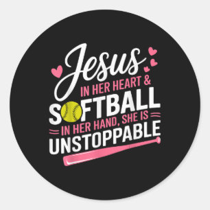 Adesivo Redondo Jesus Em Seu Coração E Softball Em Sua Mão Softba