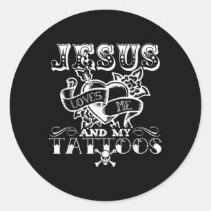 Adesivo Redondo Jesus Engraçado Me Ama E Minhas Tatuagens
