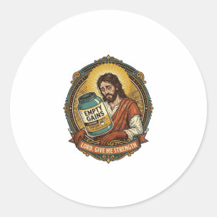 Adesivo Redondo Jesus Exausto Tubo de Proteína Vazia Humor de Acad