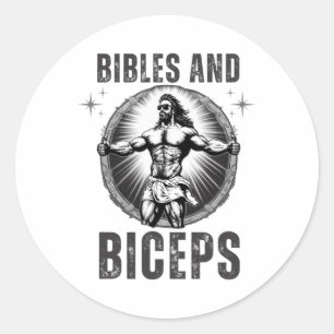 Adesivo Redondo Jesus Fisiculturismo Bíblias e Bíceps Engraçado