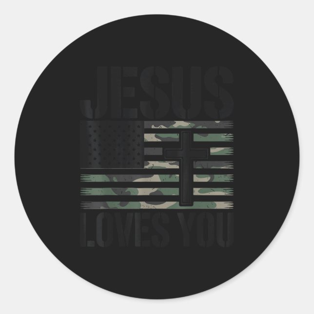 Adesivo Redondo Jesus Loves You Camo Christian 4th July Men Women  (Frente)