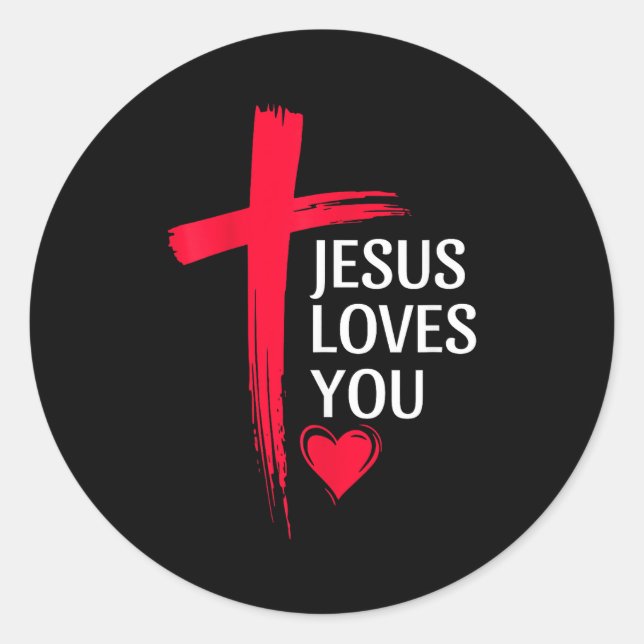 Adesivo Redondo Jesus Loves You Christian Love Cross Heart Design  (Frente)