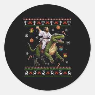 Adesivo Redondo Jesus Montado em Dinossauro Meme Engraçado Suéter