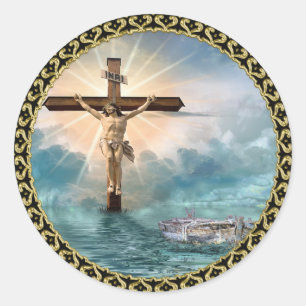 Adesivo Redondo Jesus pendurado numa cruz de crucificação cristã.