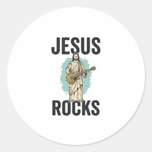 Adesivo Redondo Jesus Rocks Guitar Desenho Cristão Vintage de Grav