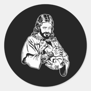 Adesivo Redondo Jesus segurando cabra Baphomet tatuagem ocultista