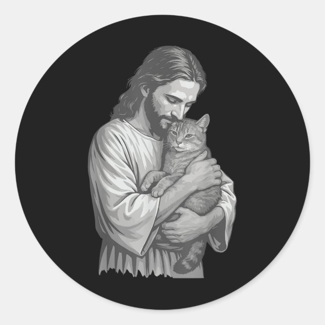 Adesivo Redondo Jesus segurando gato (Frente)