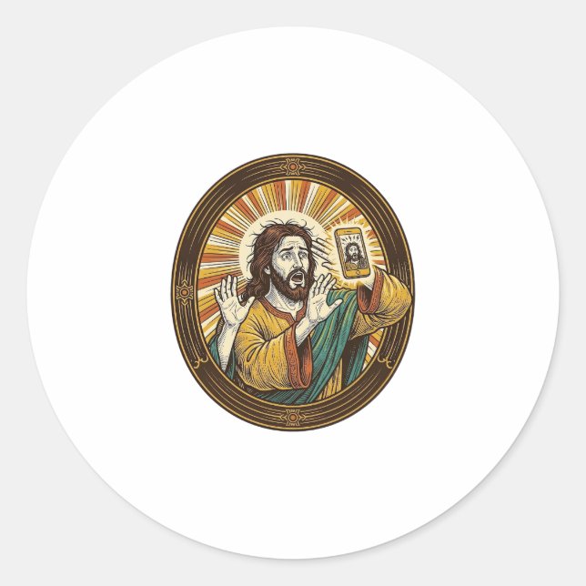 Adesivo Redondo Jesus Selfie Acidental com Câmera Frontal e Papada (Frente)