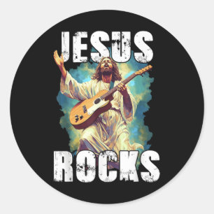 Adesivo Redondo Jesus Toca Violão - Cristão Engraçado Toca Rock C