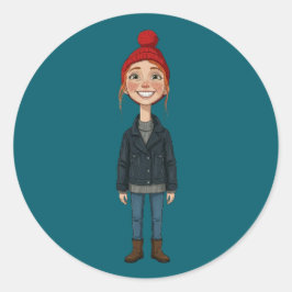 Adesivo Redondo Jeune Fille Rousse Souriante avec Bonnet Rouge et 