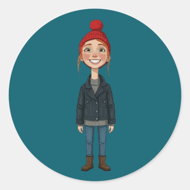 Adesivo Redondo Jeune Fille Rousse Souriante avec Bonnet Rouge et  (Frente)