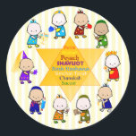 Adesivo Redondo Jeway Holiday Star Kids Round Sticker<br><div class="desc">Apropriado para qualquer feriado judeu (bem,  exceto dias rápidos como Yom Kippur),  este design apresenta uma grande estrela de David com nomes de várias férias judaicas no centro. Ao redor da Estrela estão crianças estilizadas e coloridas em um jardim de férias apropriado. Festivo e divertido.</div>