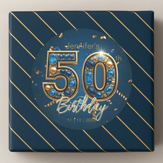 Adesivo Redondo Jeweled Sapphire Blue and Gold 50th Birthday  (Criador carregado)