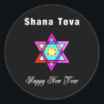 Adesivo Redondo Jewish Star Shana Tova<br><div class="desc">Shana Tova Jewish Star apresenta o estilo hebraico,  estrela de vidro manchada de David e saudação ensolarada por um Feliz ano novo.</div>