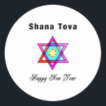 Adesivo Redondo Jewish Star Shana Tova<br><div class="desc">Shana Tova Jewish Star apresenta o estilo hebraico,  estrela de vidro manchada de David e saudação ensolarada por um Feliz ano novo.</div>