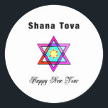 Adesivo Redondo Jewish Star Shana Tova<br><div class="desc">Shana Tova Jewish Star apresenta o estilo hebraico,  estrela de vidro manchada de David e saudação ensolarada por um Feliz ano novo.</div>