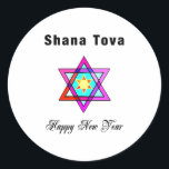 Adesivo Redondo Jewish Star Shana Tova<br><div class="desc">Shana Tova Jewish Star apresenta o estilo hebraico,  estrela de vidro manchada de David e saudação ensolarada por um Feliz ano novo.</div>