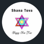 Adesivo Redondo Jewish Star Shana Tova<br><div class="desc">Shana Tova Jewish Star apresenta o estilo hebraico,  estrela de vidro manchada de David e saudação ensolarada por um Feliz ano novo.</div>