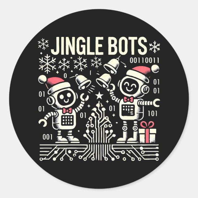 Adesivo Redondo Jingle Bots Festivos Holiday Robots com Santa Hats (Frente)