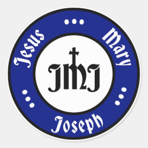 Adesivo Redondo JMJ: Jesus, Maria, Logotipo Joseph (Azul)