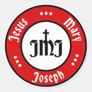 Adesivo Redondo JMJ: Jesus, Mary, Logotipo Joseph (Vermelho)