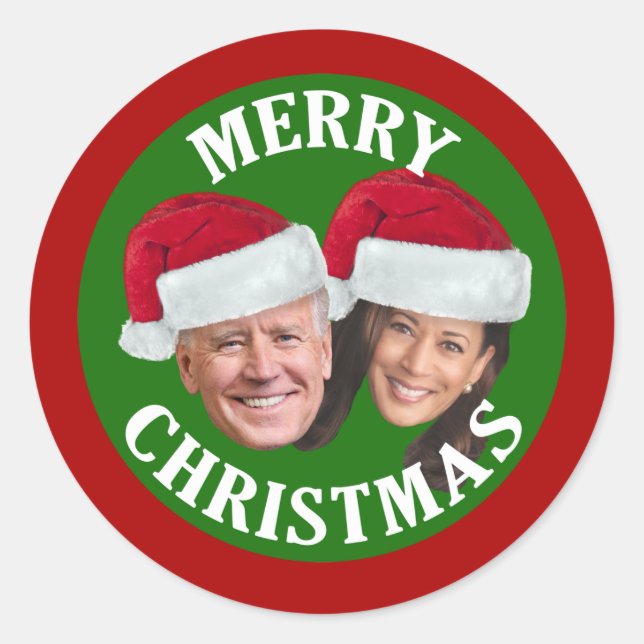Adesivo Redondo Joe Biden Kamala Harris 2020 com Santa Hats - Verm (Frente)