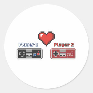 Adesivo Redondo Jogador 1 Jogador 2 Casal Gamer Pixel Art 8-bit 