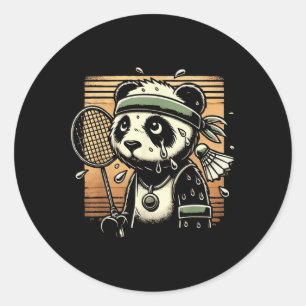 Adesivo Redondo Jogador de Badminton Retro Panda Raquete Peteca