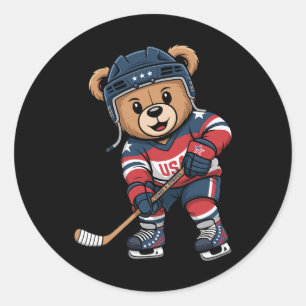 Adesivo Redondo Jogador de Hóquei Urso Patriótico Cute Usa Estrela